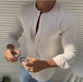 Mens T-Shirts Linen Round neck Long Sleeve Cardigan T shirt