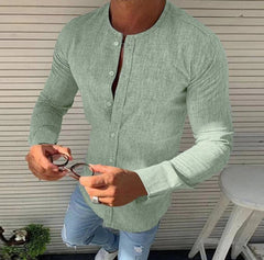 Mens T-Shirts Linen Round neck Long Sleeve Cardigan T shirt