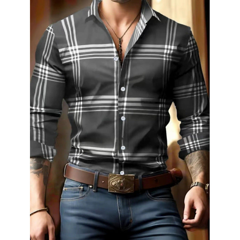 Men's Digital Printing Plaid Long Sleeve Dress Shirts