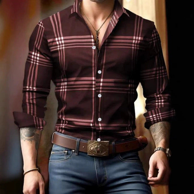 Men's Digital Printing Plaid Long Sleeve Dress Shirts