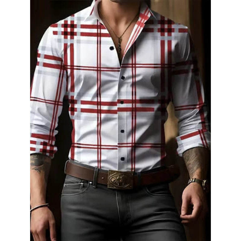 Men's Digital Printing Plaid Long Sleeve Dress Shirts