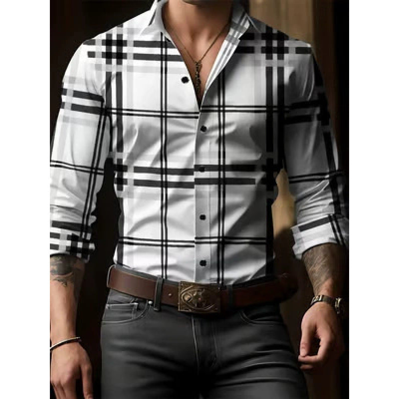 Men's Digital Printing Plaid Long Sleeve Dress Shirts