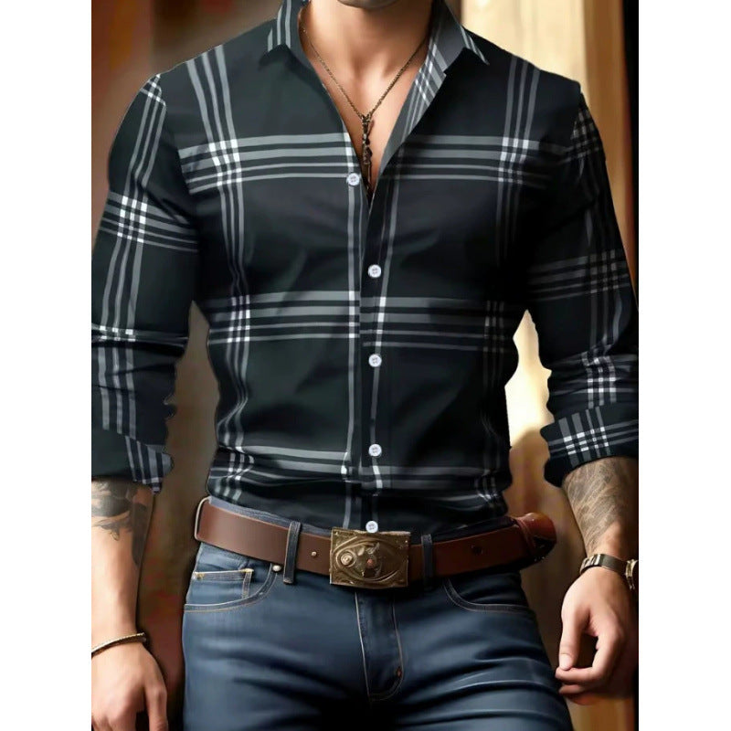 Men's Digital Printing Plaid Long Sleeve Dress Shirts