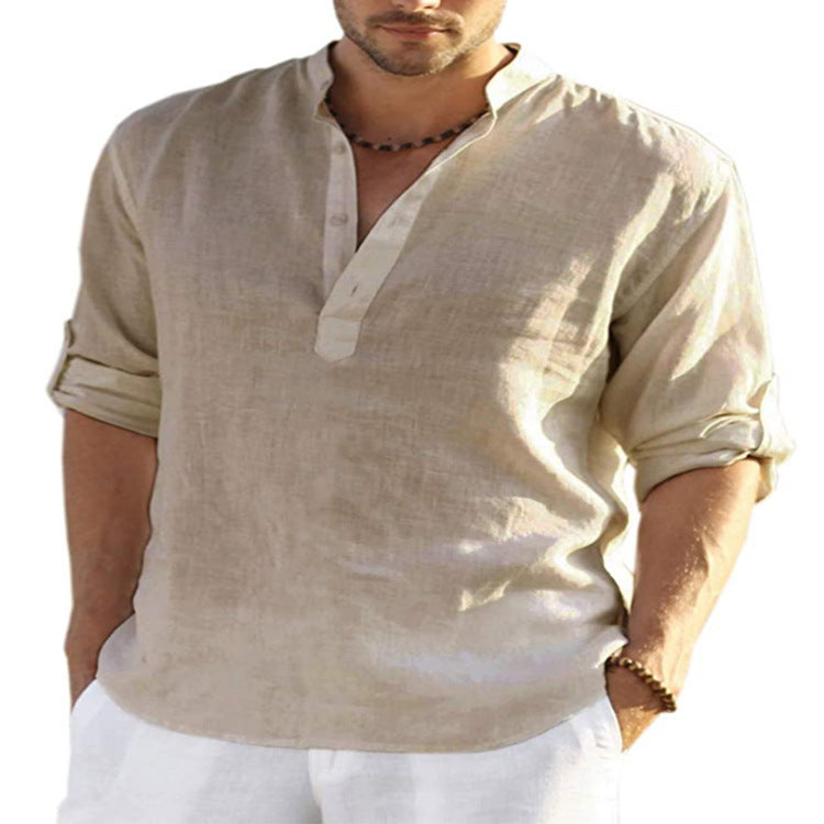 Mens T-Shirts Button up Long sleeve Slip Half Cardigan T shirt
