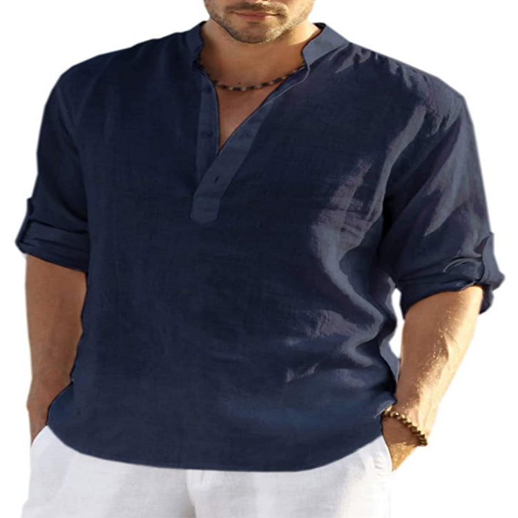 Mens T-Shirts Button up Long sleeve Slip Half Cardigan T shirt