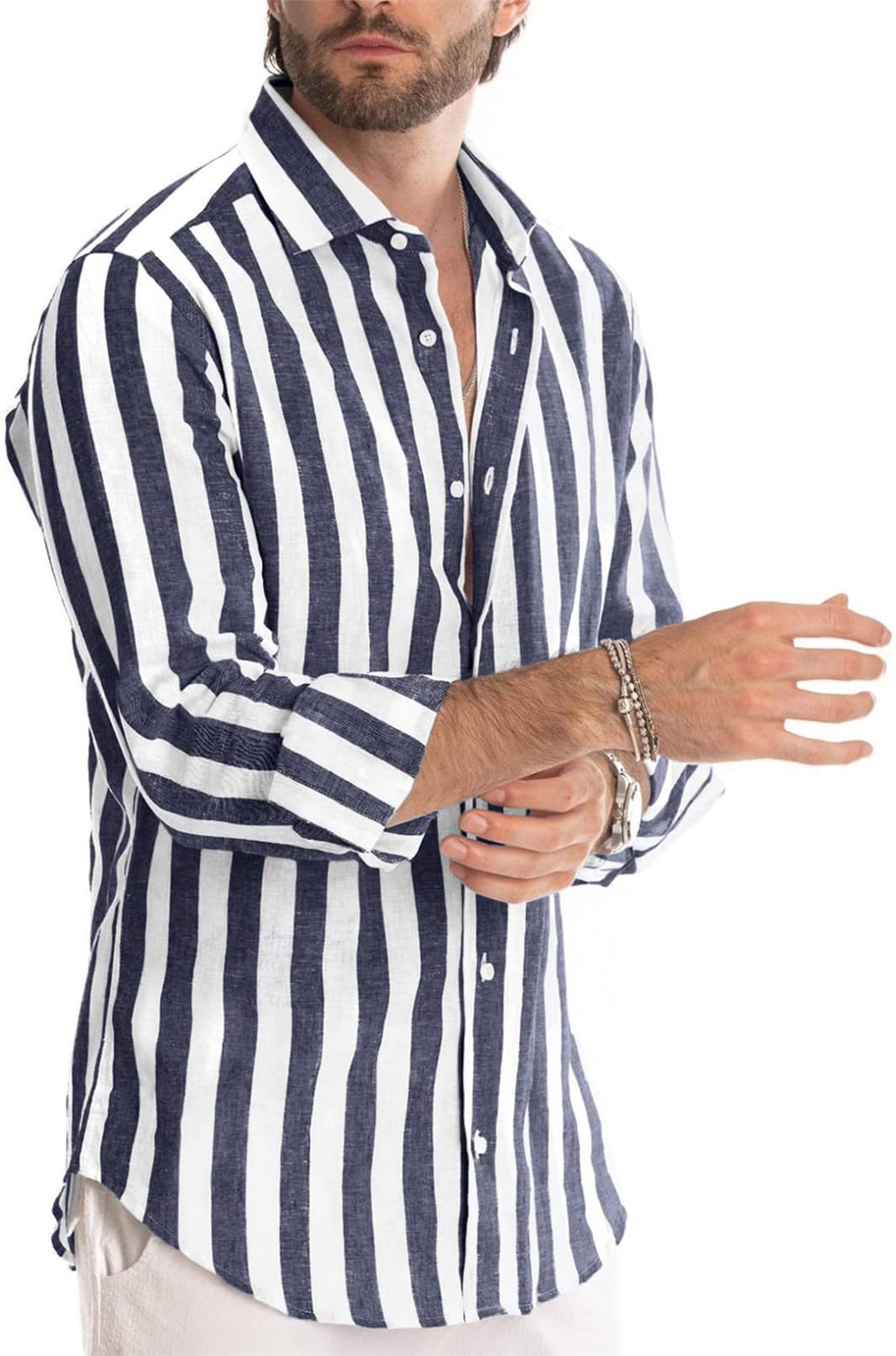 Mens T-Shirts Cardigan Long Sleeve Fine stripes