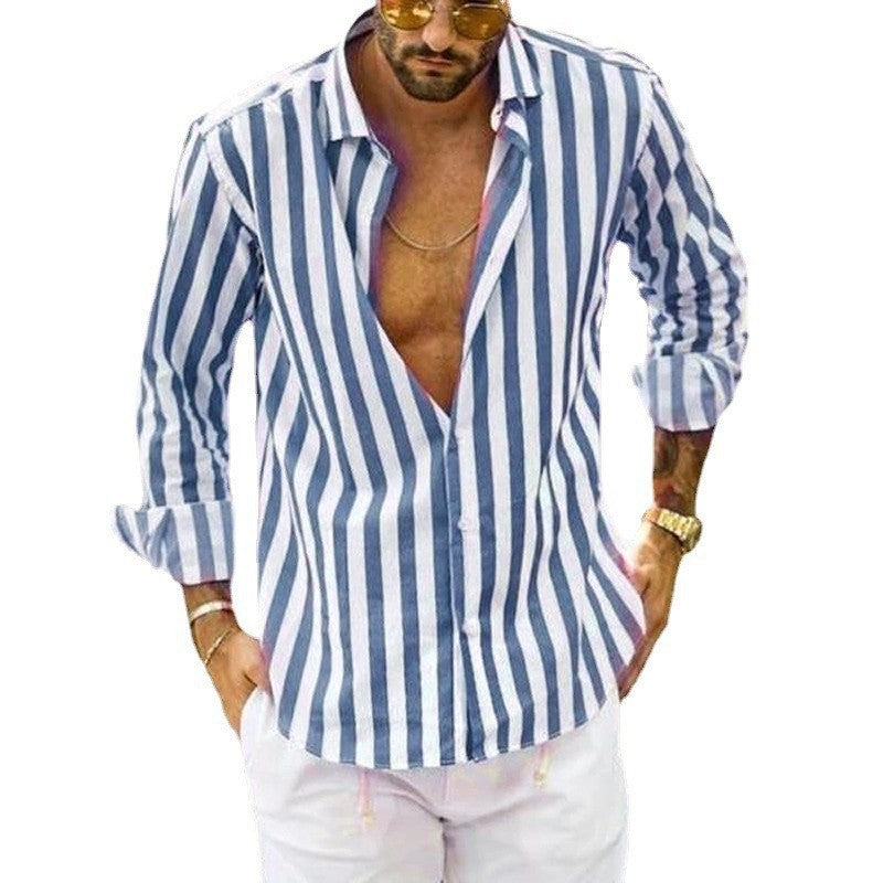 Mens T-Shirts Cardigan Long Sleeve Fine stripes