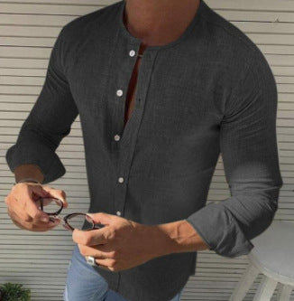 Mens T-Shirts Linen Round neck Long Sleeve Cardigan T shirt