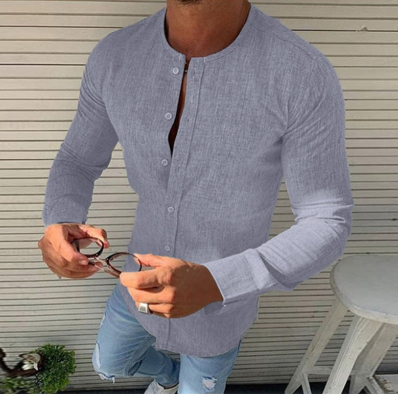 Mens T-Shirts Linen Round neck Long Sleeve Cardigan T shirt