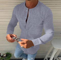 Mens T-Shirts Linen Round neck Long Sleeve Cardigan T shirt