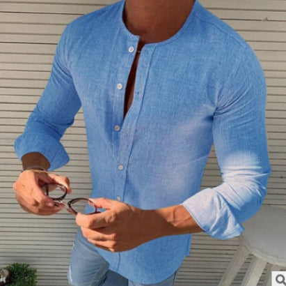 Mens T-Shirts Linen Round neck Long Sleeve Cardigan T shirt
