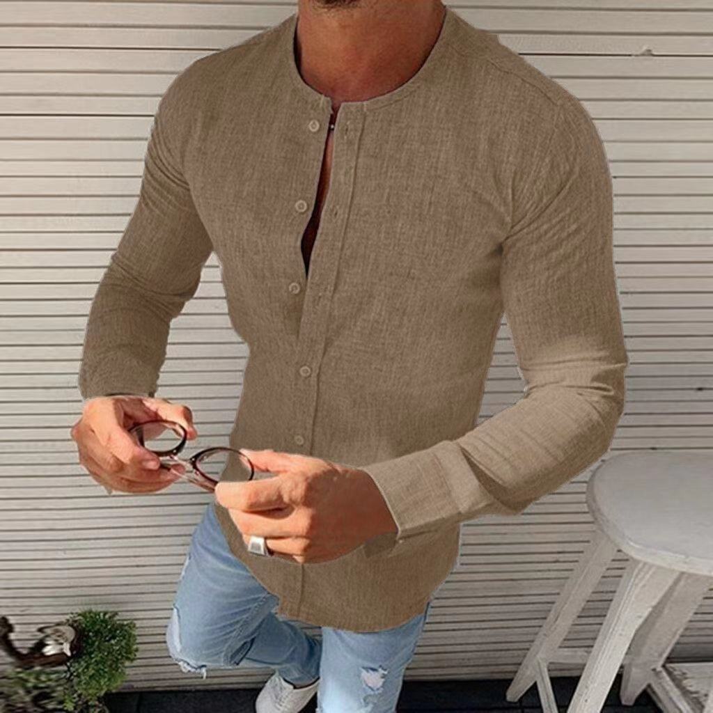 Mens T-Shirts Linen Round neck Long Sleeve Cardigan T shirt