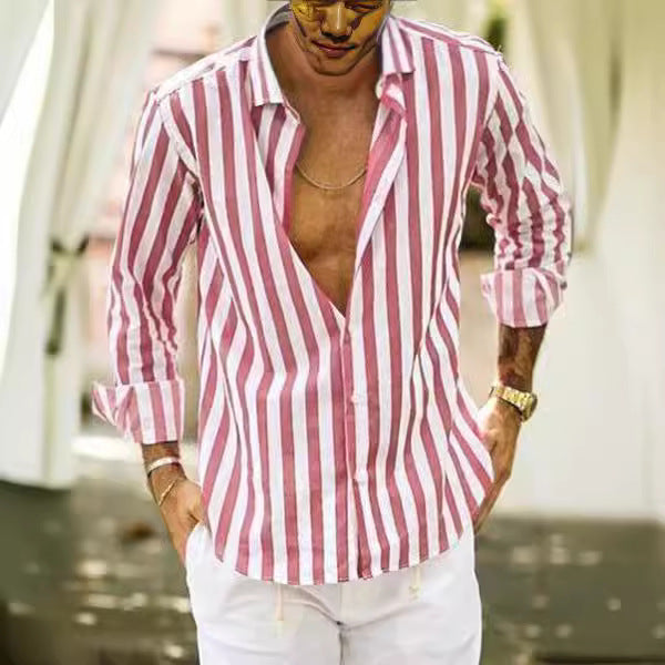 Mens T-Shirts Cardigan Long Sleeve Fine stripes