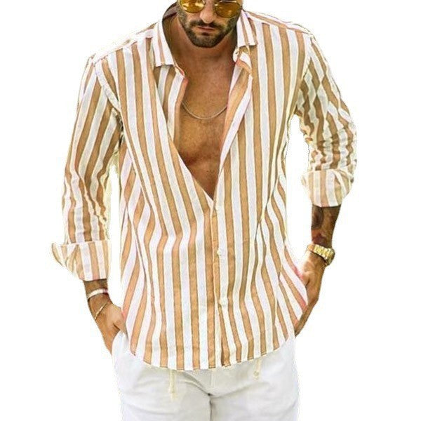 Mens T-Shirts Cardigan Long Sleeve Fine stripes